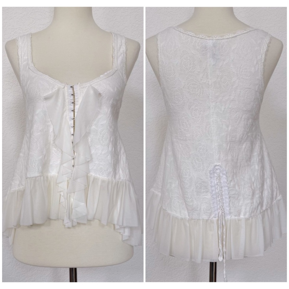 Free people off-white floral jacquard ruffle front chiffon top with tie up back